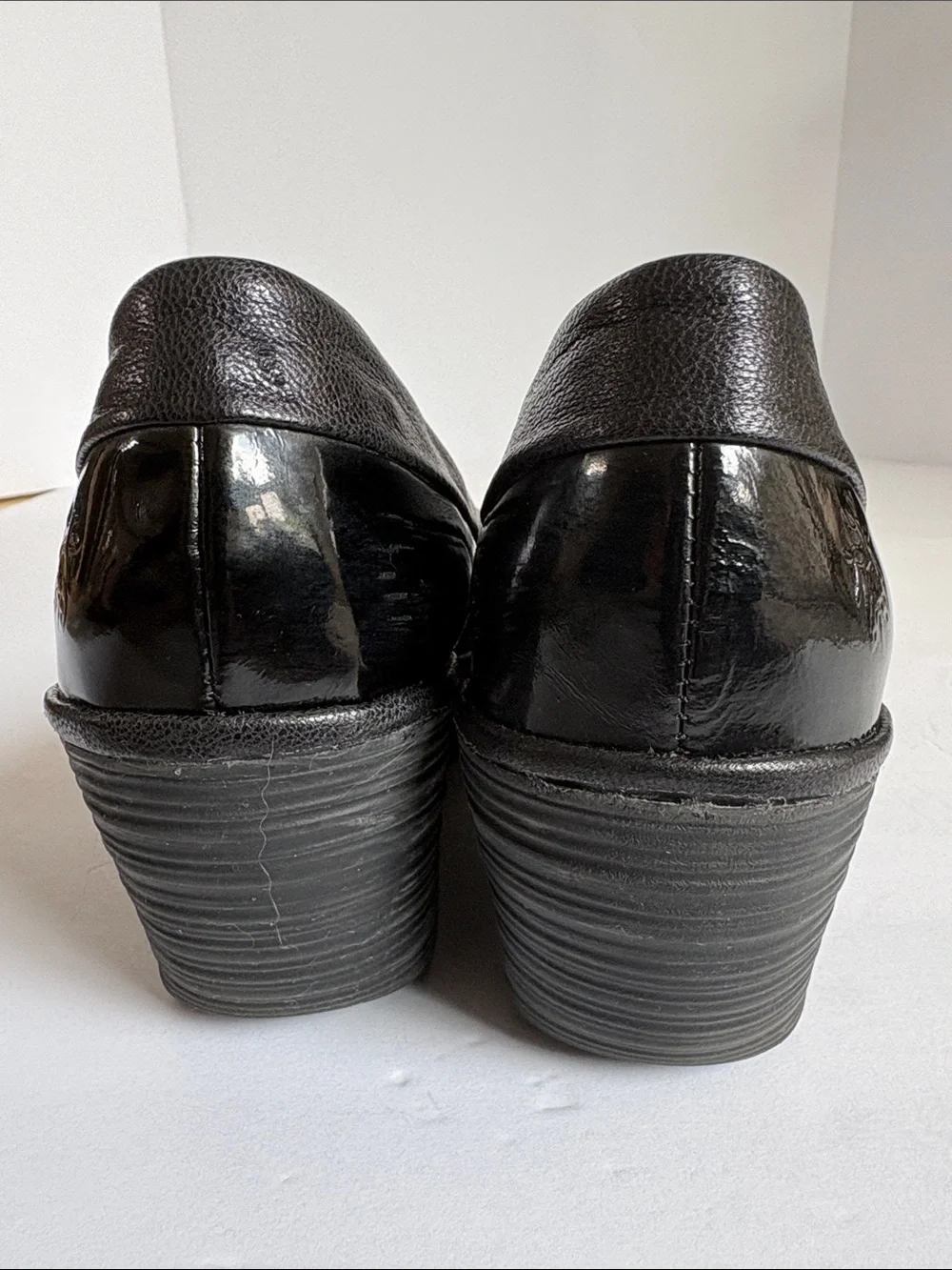 Fly London Yoko wedge pump black patent leather textured matte leather platform